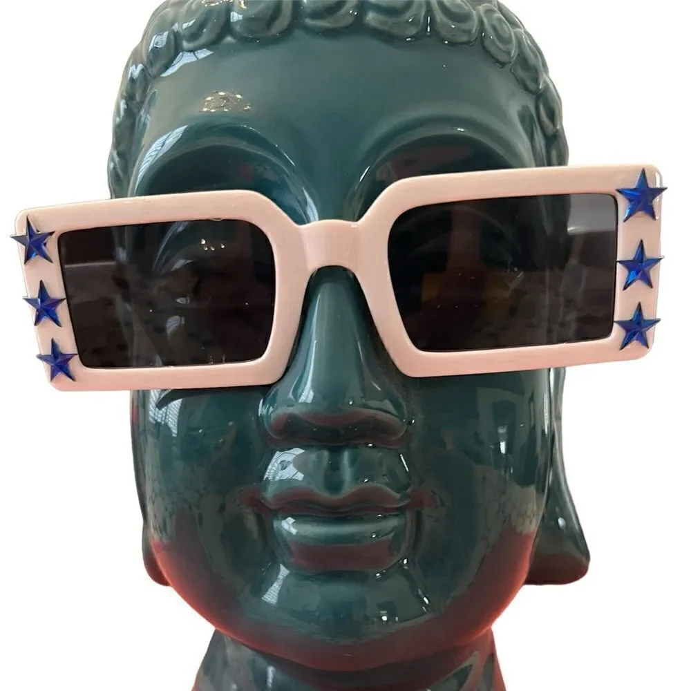 NWOT unbranded square white sunnies with blue star accents
